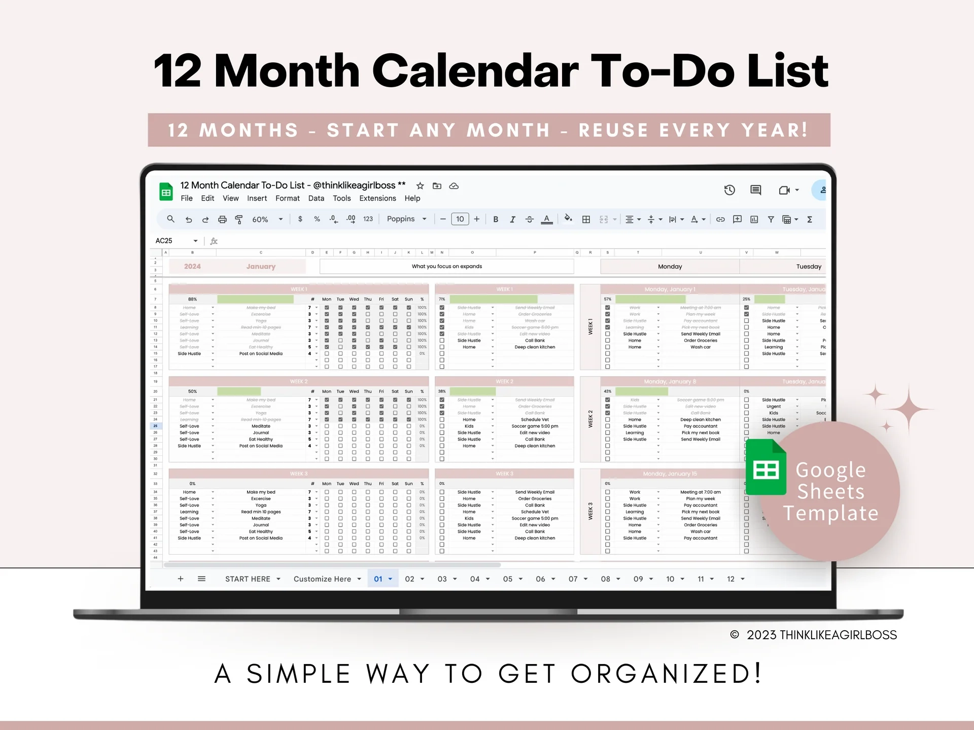 12 Month Calendar To Do List V1 Pink Think Like A Girl Boss