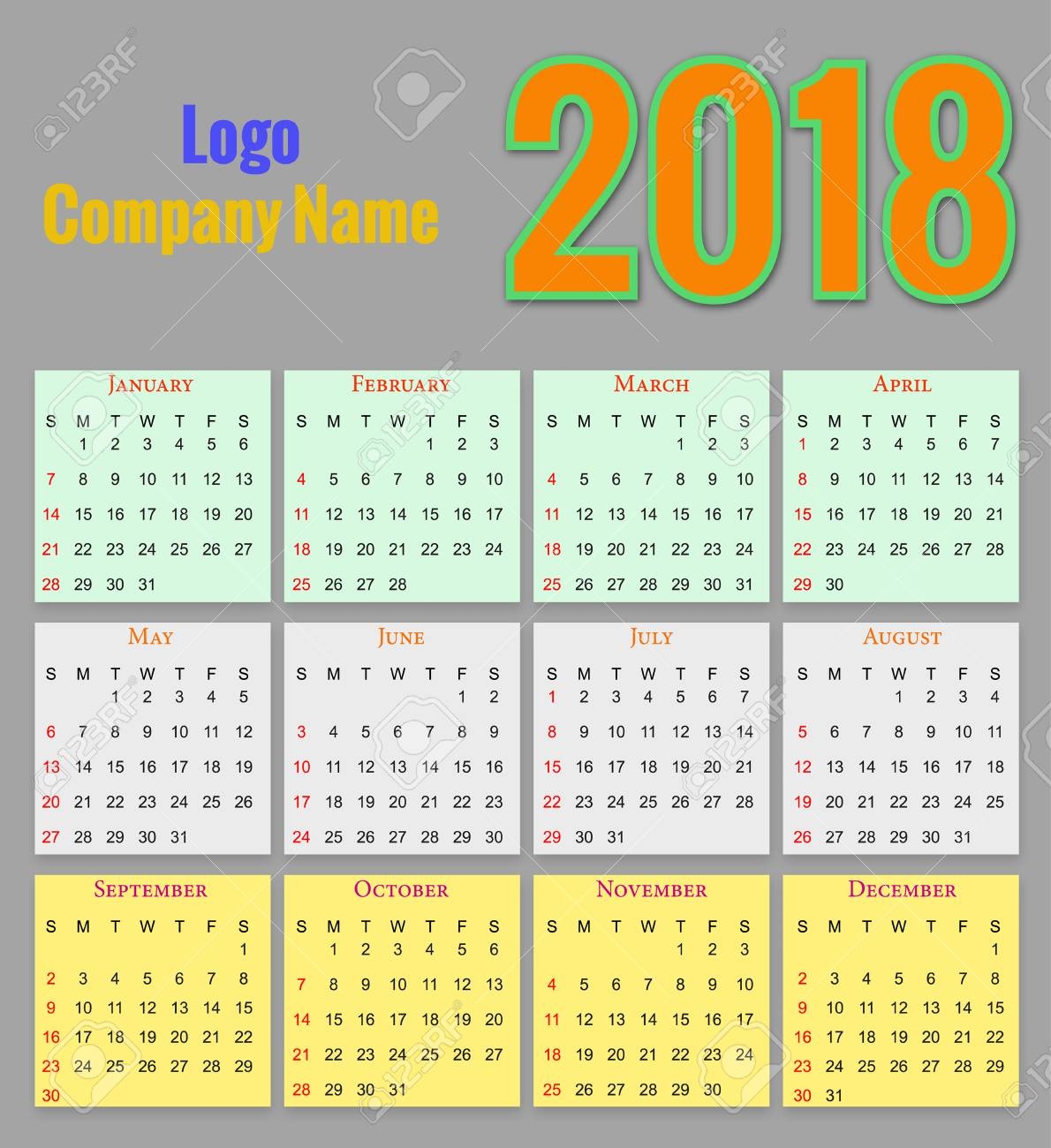12 Months Calendar Design 2018 Printable And Editable Royalty Free SVG Cliparts Vectors And Stock Illustration Image 85978994 