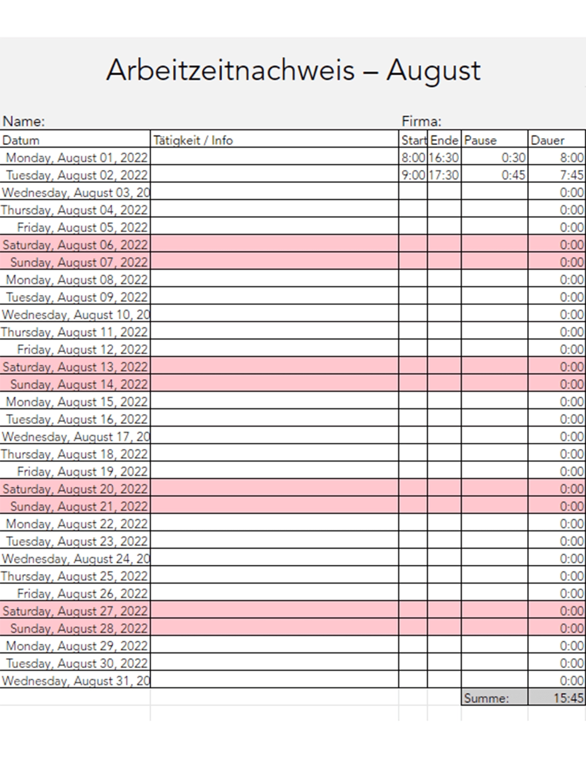 Excel Vorlage Kostenlos