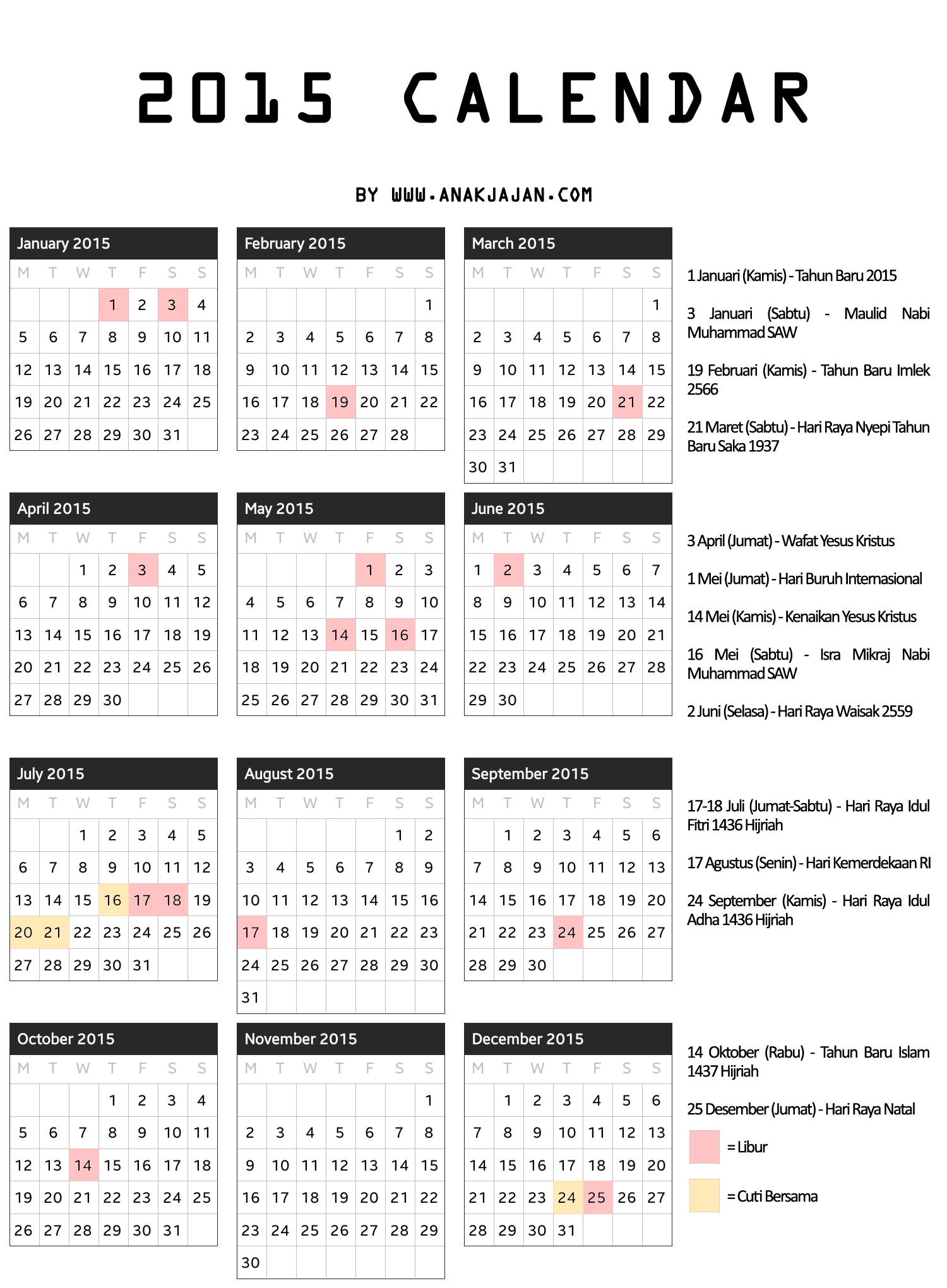 2015 Calendar ANAKJAJAN COM