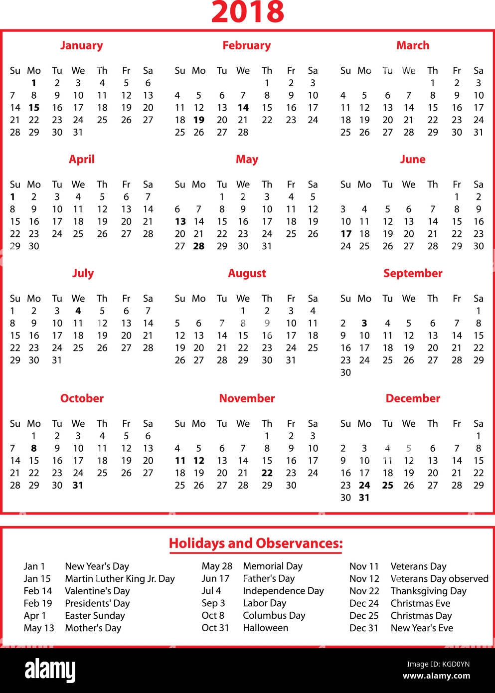 2018 Kalender Mit Feiertagen Rote Und Schwarze Tinte Stockfotografie Alamy