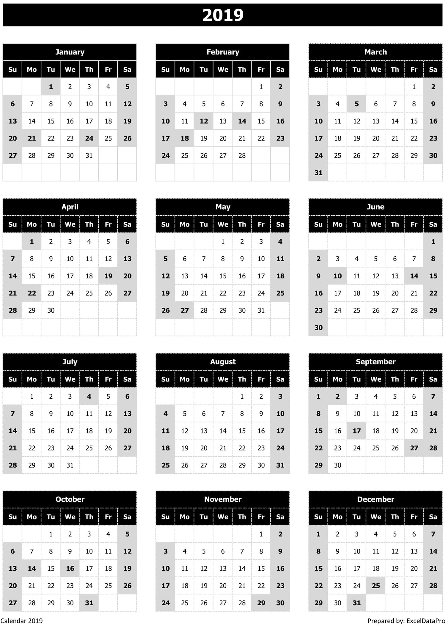 2019 Calendar Excel Templates Printable PDFs Images ExcelDataPro