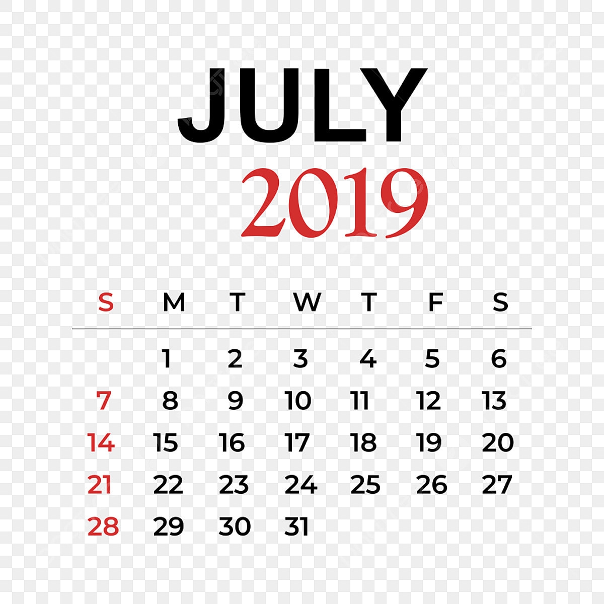 Kalender. Juli 2019