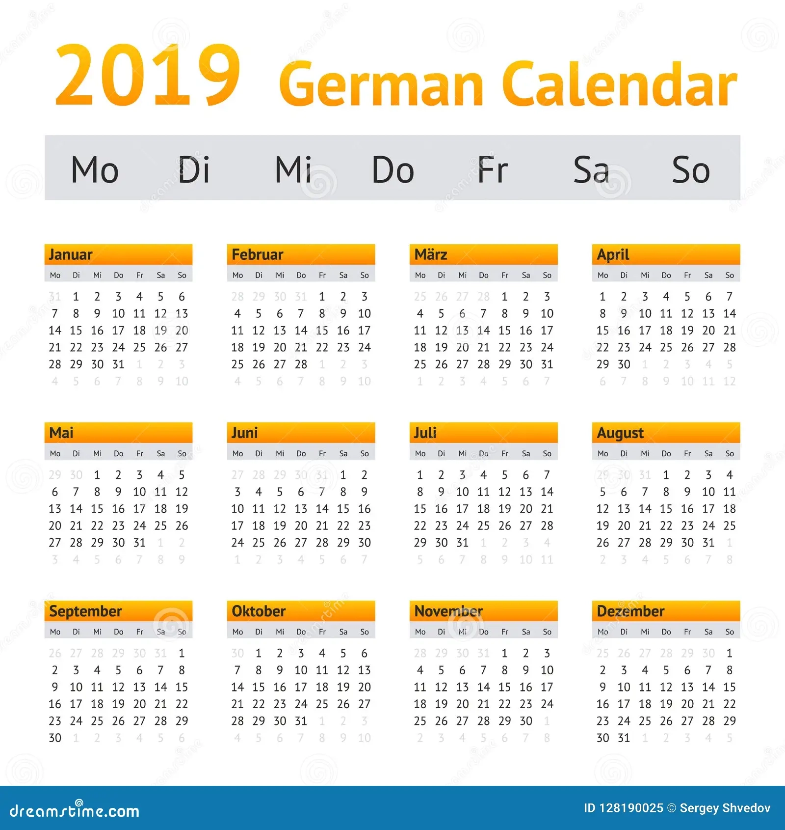 2019 German Calendar Stock Vector Illustration Of Monthly 128190025