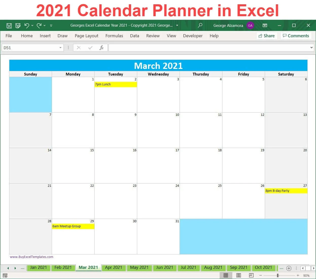 2021 Excel Calendar Planner Template Monthly Yearly Printable Download BuyExcelTemplates