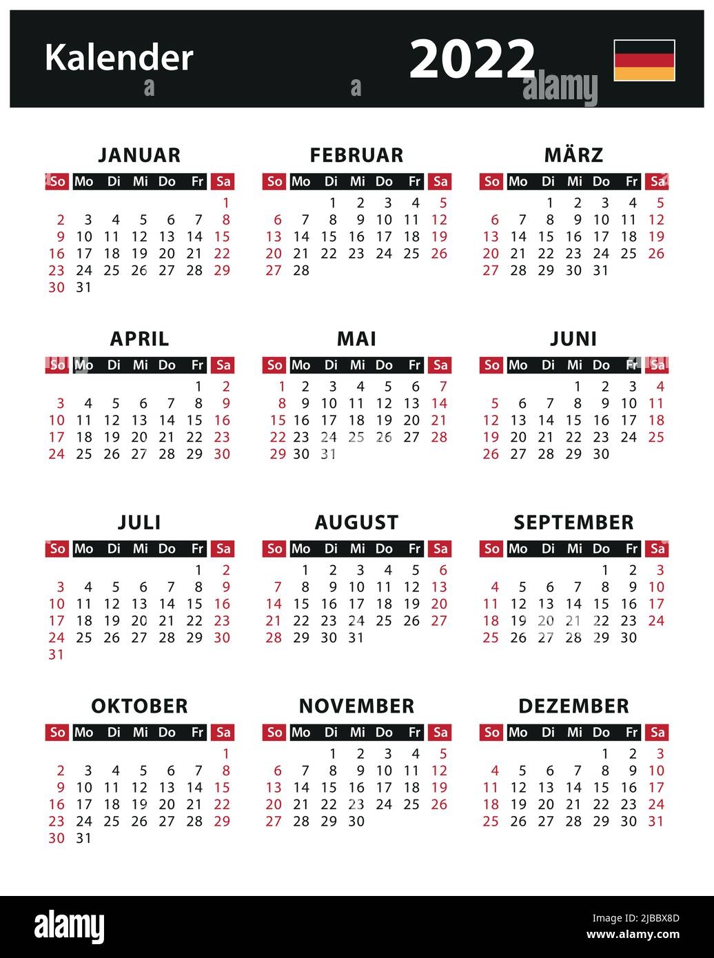 2022 Calendar Vector Stock Illustration Germany German Version Kalender 2022 Vektorgrafik Deutschland Deutsche Version Stock Vector Image Art Alamy