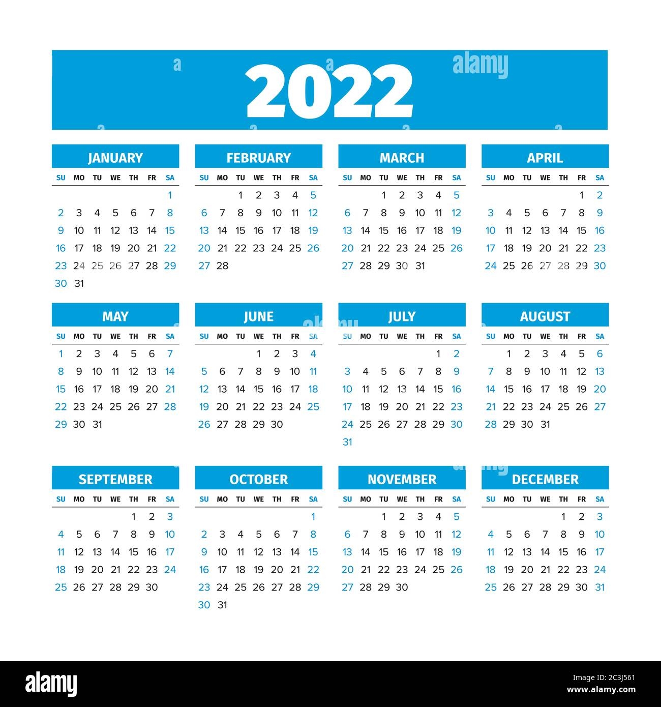 2022 Kalender Mit Den Wochen Beginnen Am Sonntag Stock Vektorgrafik Alamy