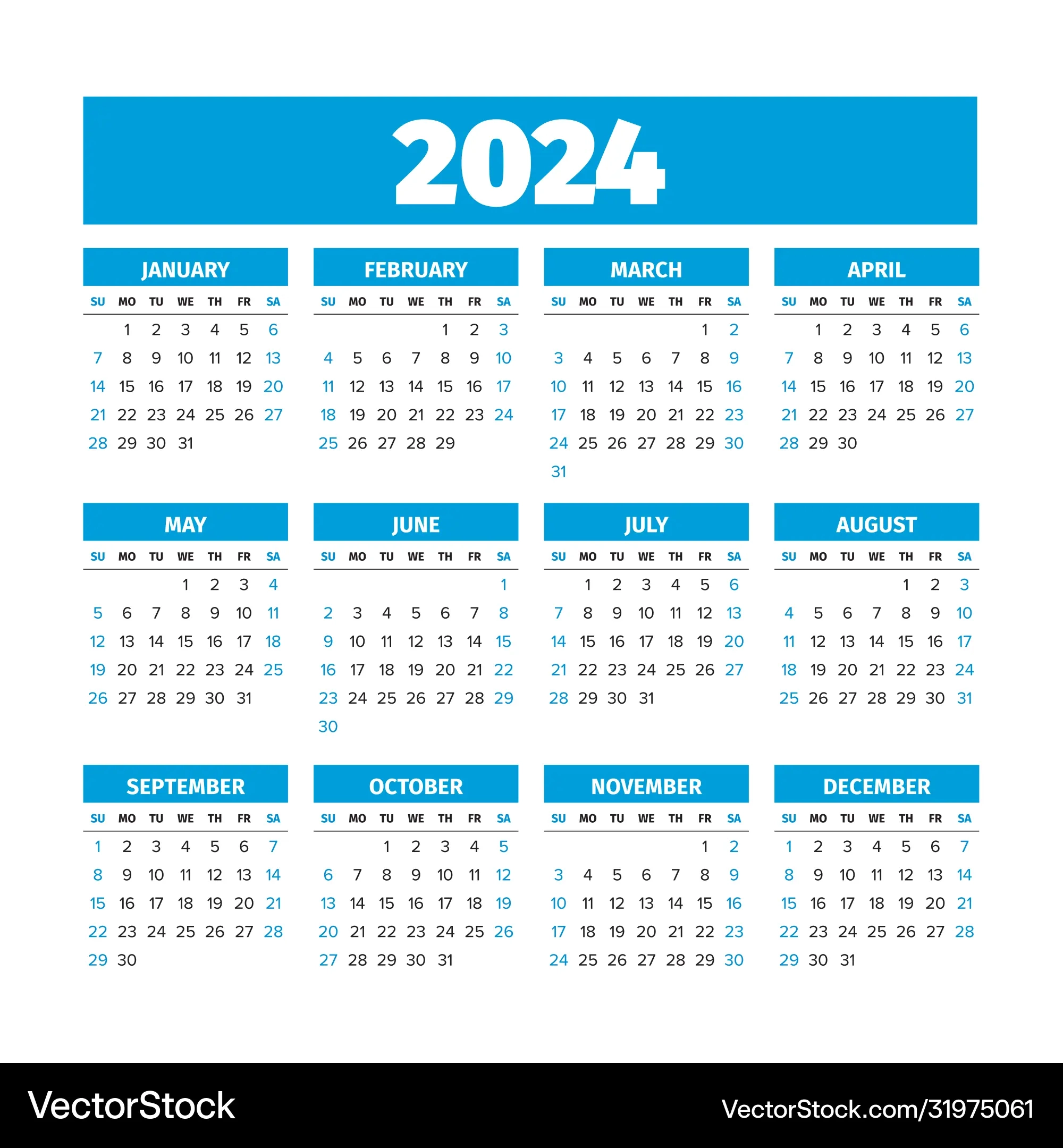2024 Kalender Mit Wochen Beginnen Am Sonntag Vektorbild
