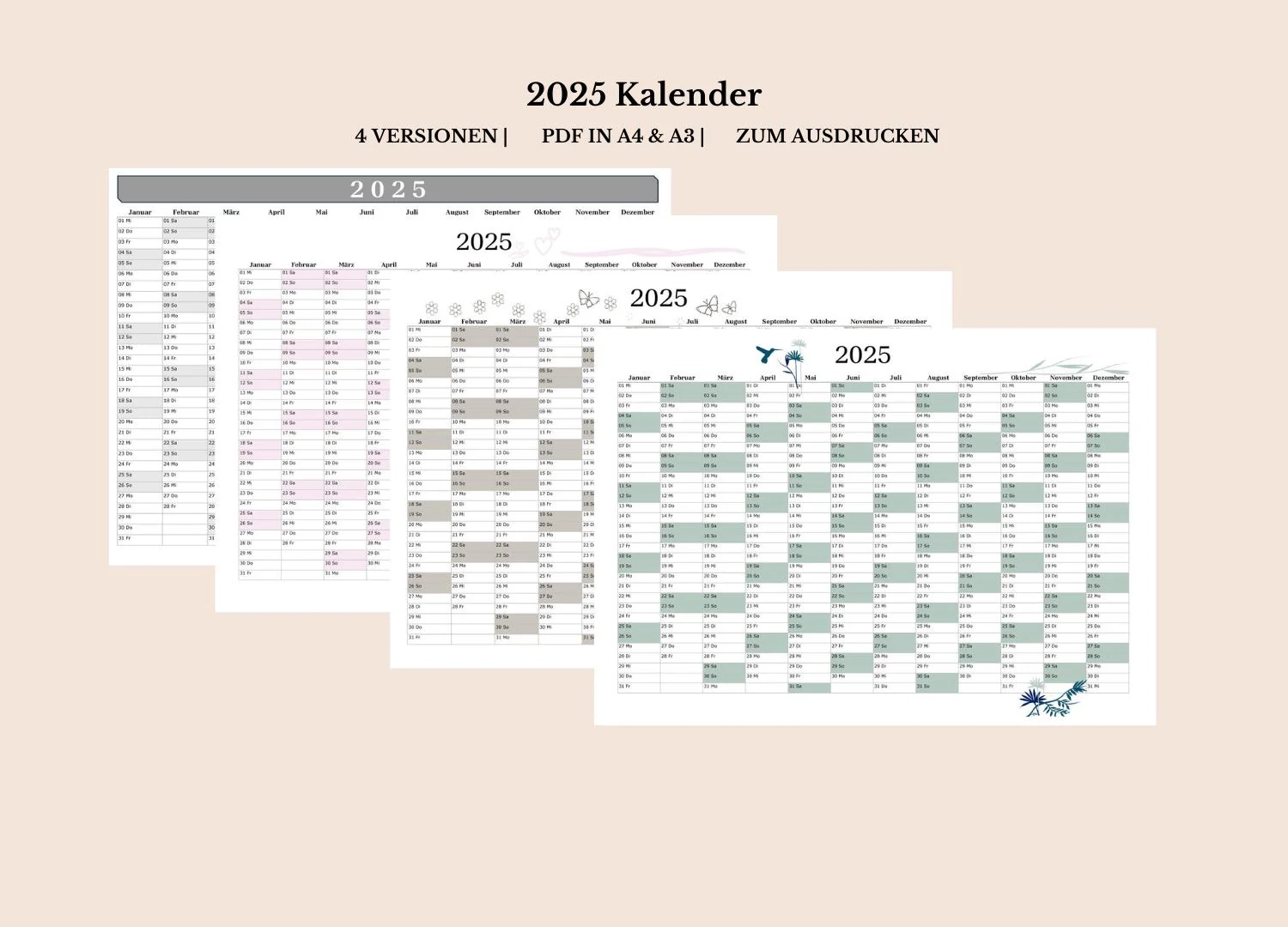 2025 Annual Calendar 2025 Calendar To Print Digital Download Planner Landscape Format A4 And A3 PDF 4 Colors German Etsy