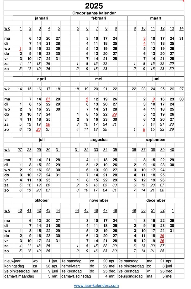 2025 Kalender Jaarkalender Met Weeknummers En Maanden Feestdagen Koningsdag Uitprinten Word Pdf