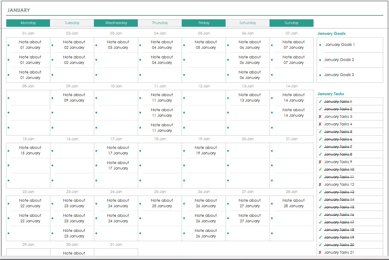 2025 Monthly Calendar Excel Template Goals Tasks printable Etsy