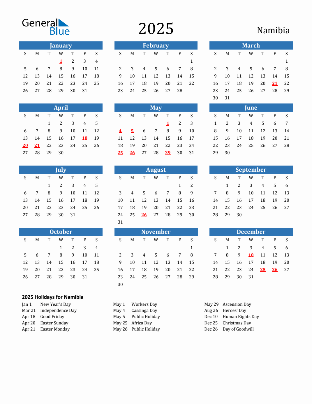 2025 Namibia Calendar With Holidays