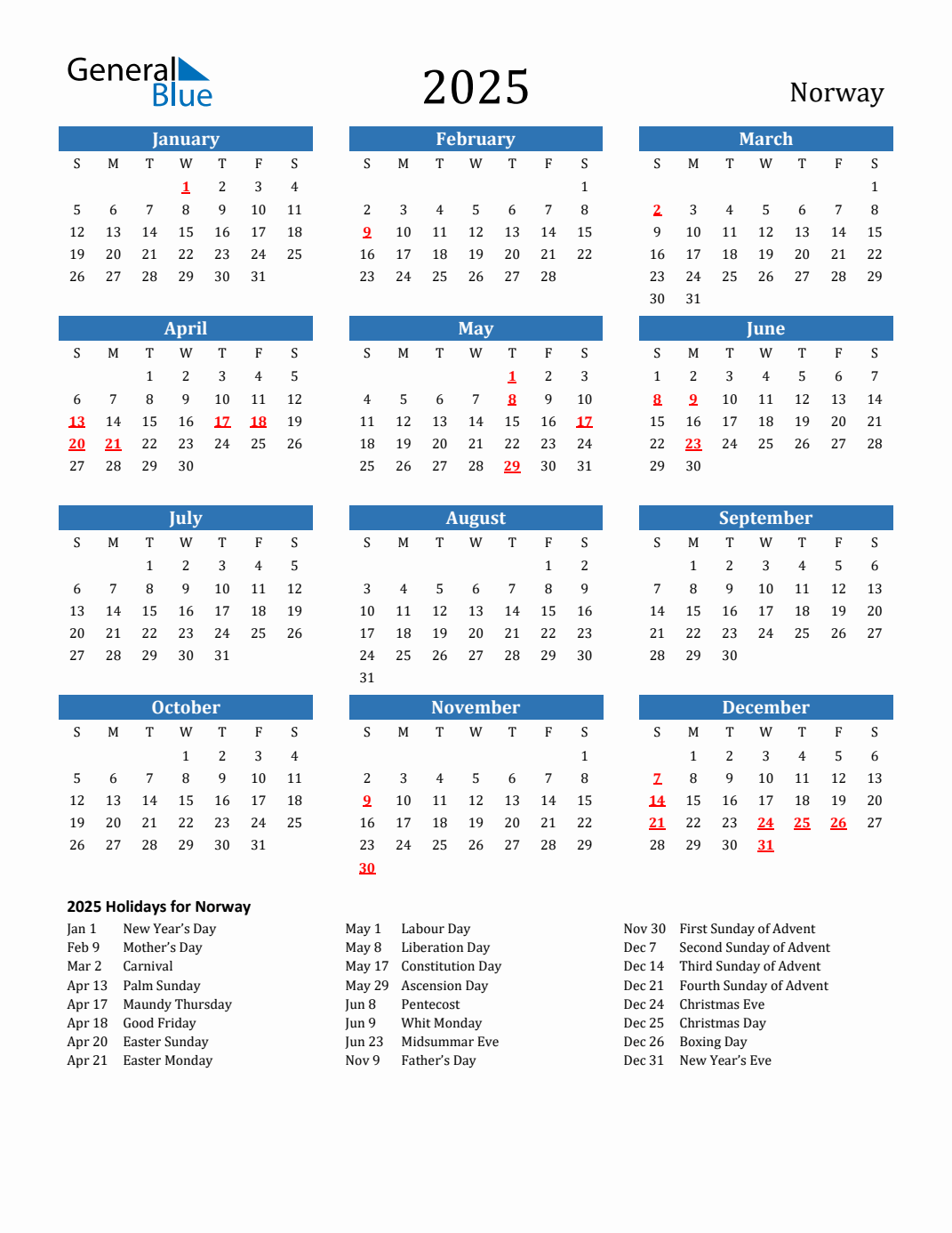 2025 Norway Calendar With Holidays