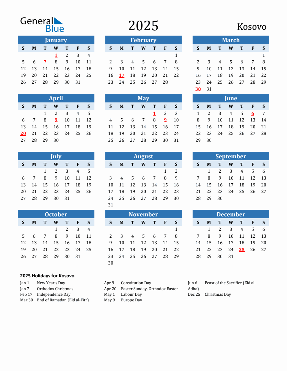 2025 Printable Calendar With Kosovo Holidays