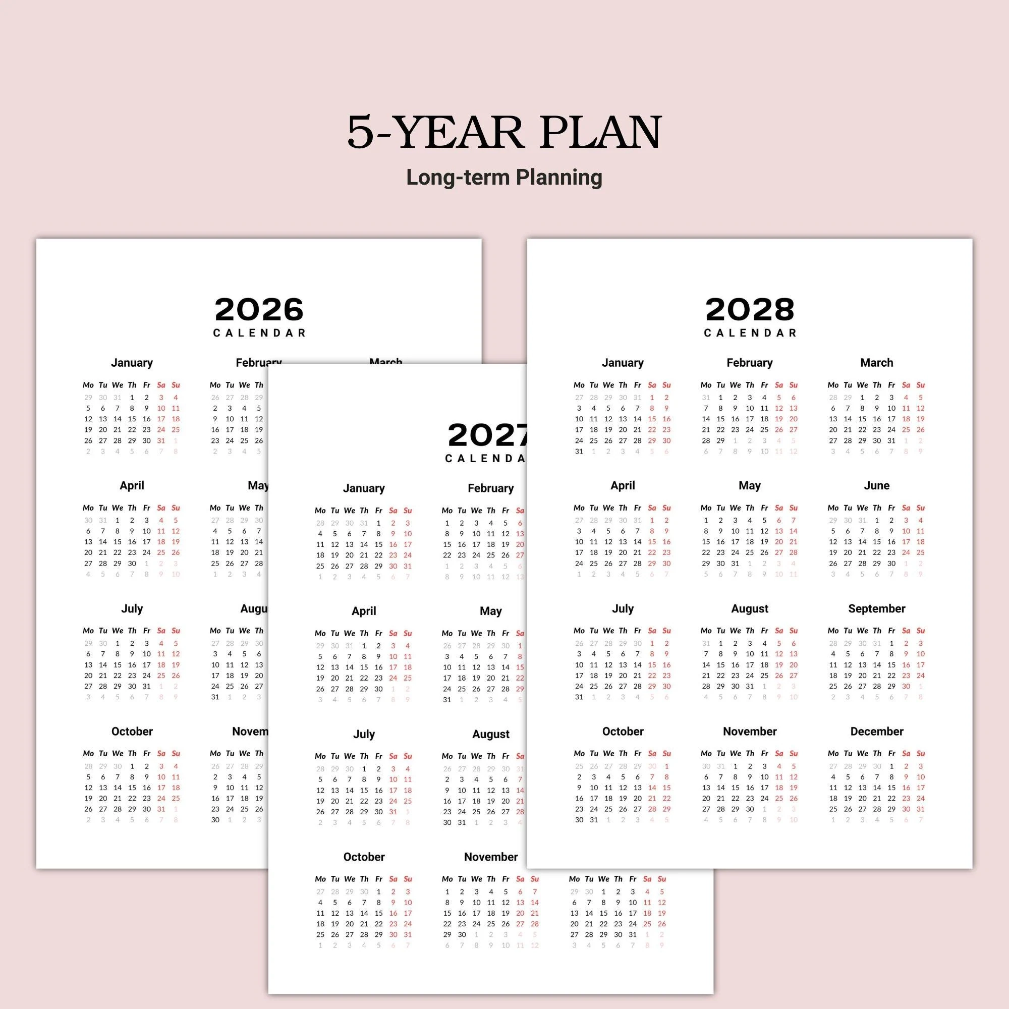 2026 2027 2028 2029 2030 Calendar 2026 2030 Yearly Calendar Printable 2026 2030 Wall Calendar Year At A Glance Minimalist Calendar Etsy