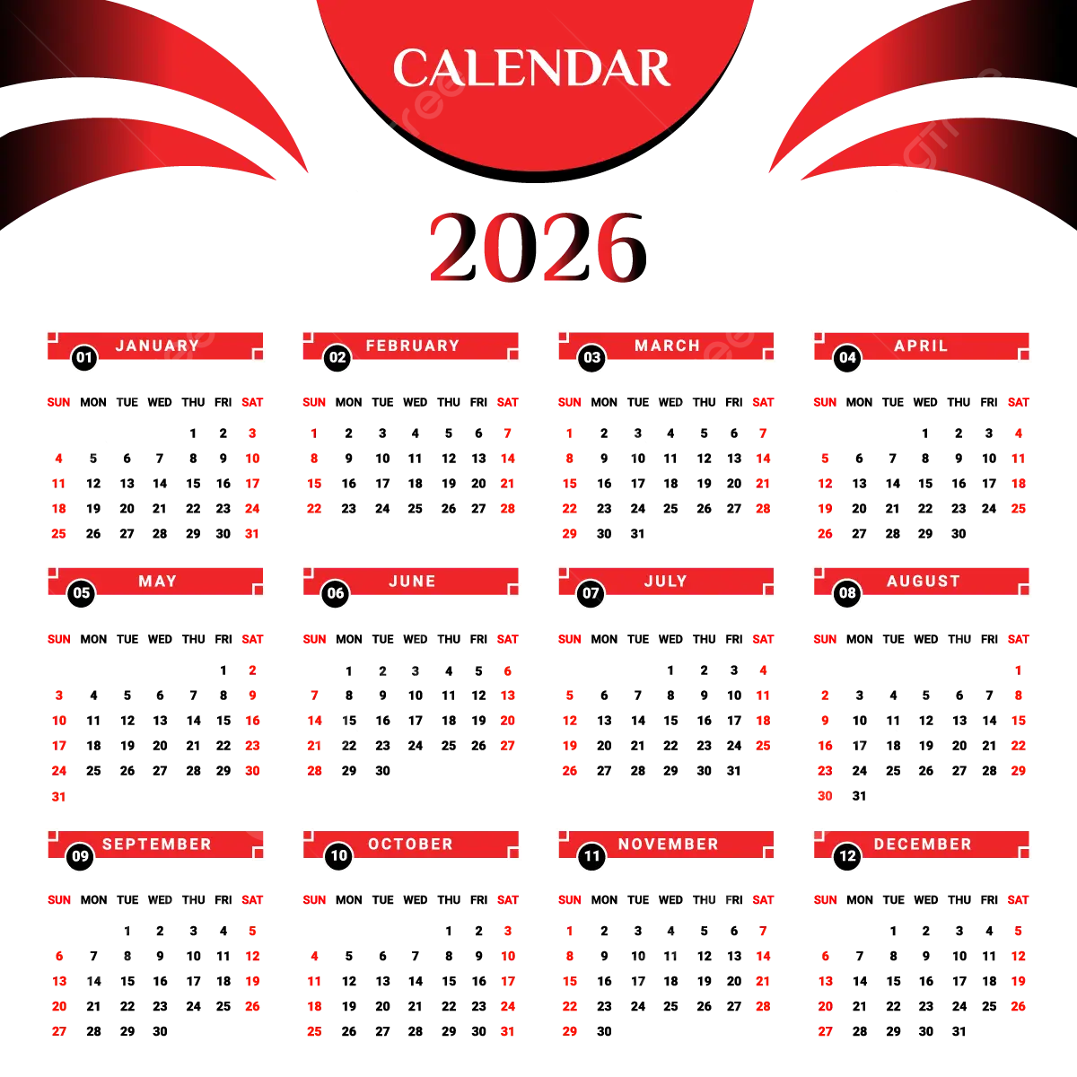 2026 Calendar With Black And Red Vector Calendar 2026 Calendar Yearly Calendar PNG And Vector With Transparent Background For Free Download