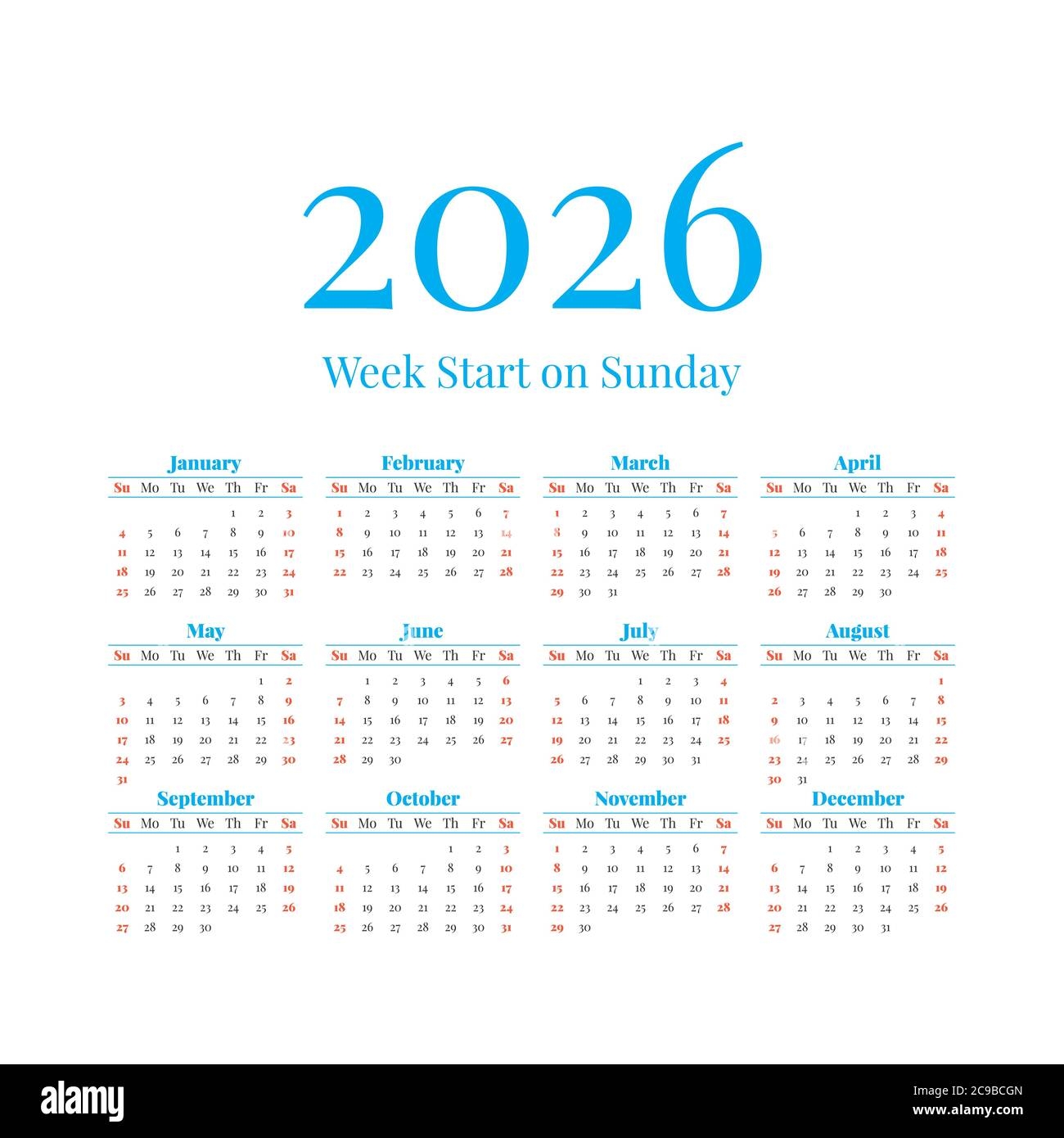2026 Calendar With The Weeks Start On Sunday Stock Vector Image Art Alamy