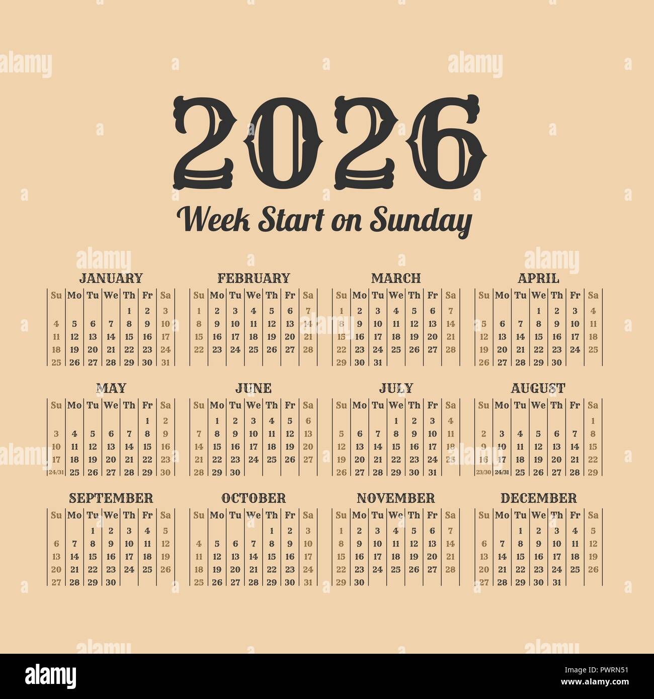 2026 Jahr Retro Kalender Wochen Beginnen Am Montag Stock Vektorgrafik Alamy