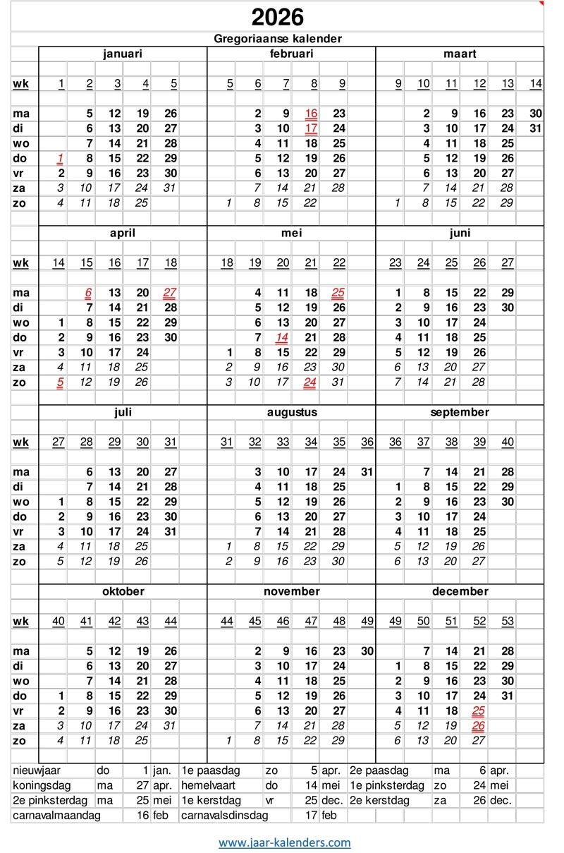 2026 Kalender Jaarkalender Met Weeknummers En Maanden Feestdagen Koningsdag Uitprinten Word Pdf