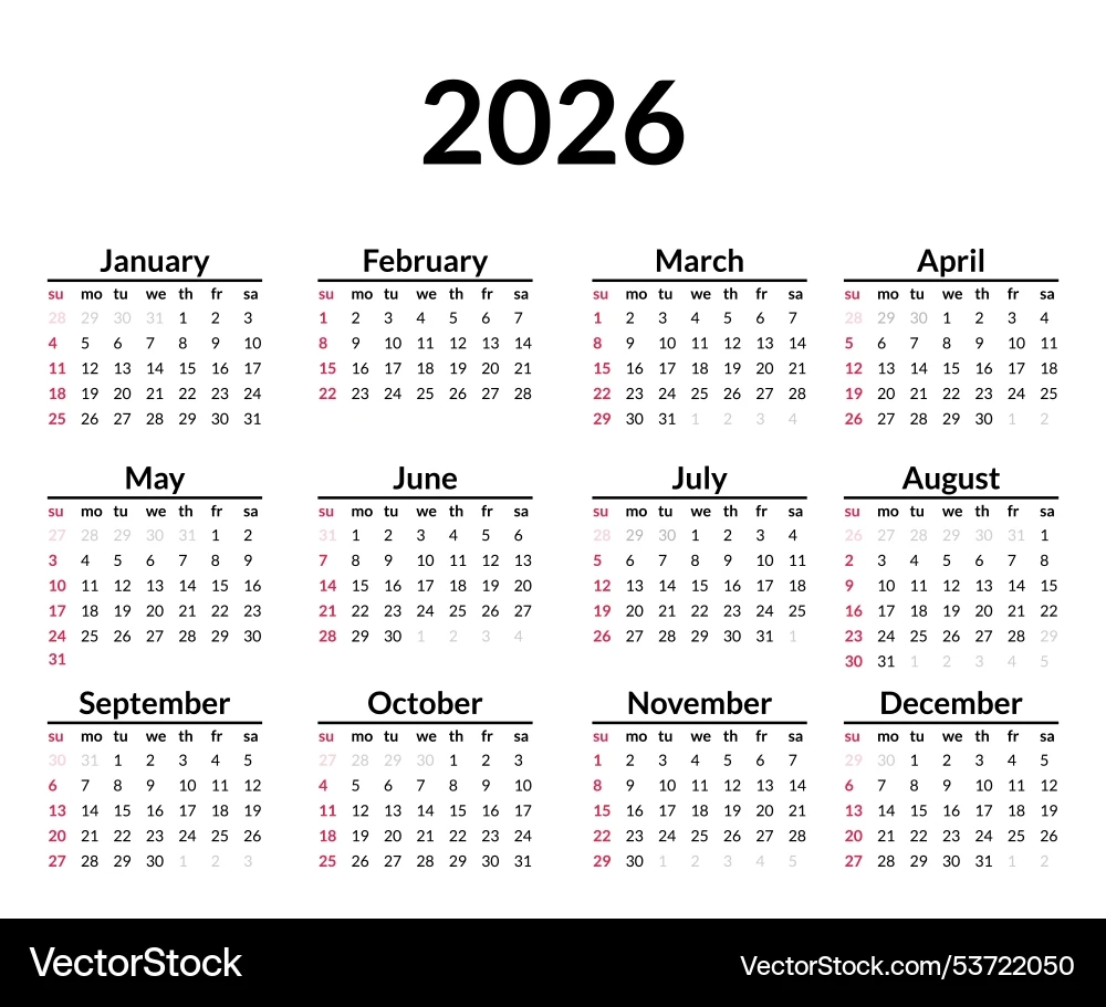 2026 Kalenderwoche Beginnt Am Sonntag Einfach Vektorbild