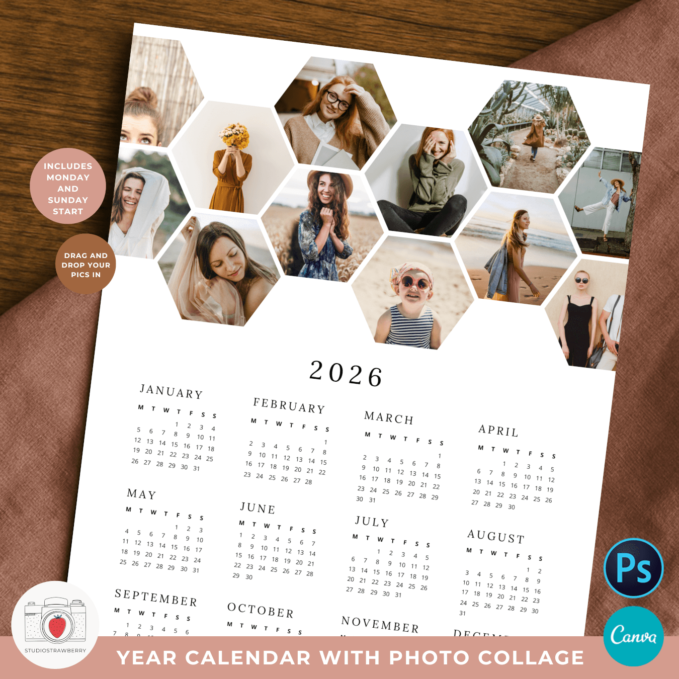 2026 Photo Calendar Template With Honeycomb Photo Collage Strawberry Kit 2026 Photo Calendar Template With Honeycomb Photo Collage Strawberry Kit