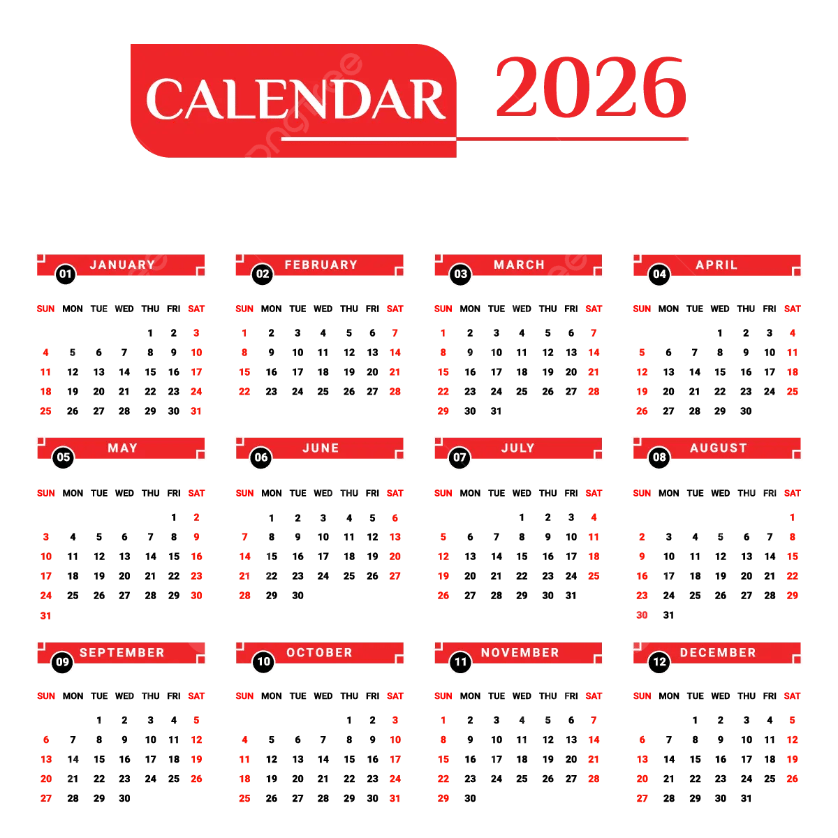 2026 Red Calendar With Unique Geometric Style Vector Calendar 2026 Calendar Yearly Calendar PNG And Vector With Transparent Background For Free Download