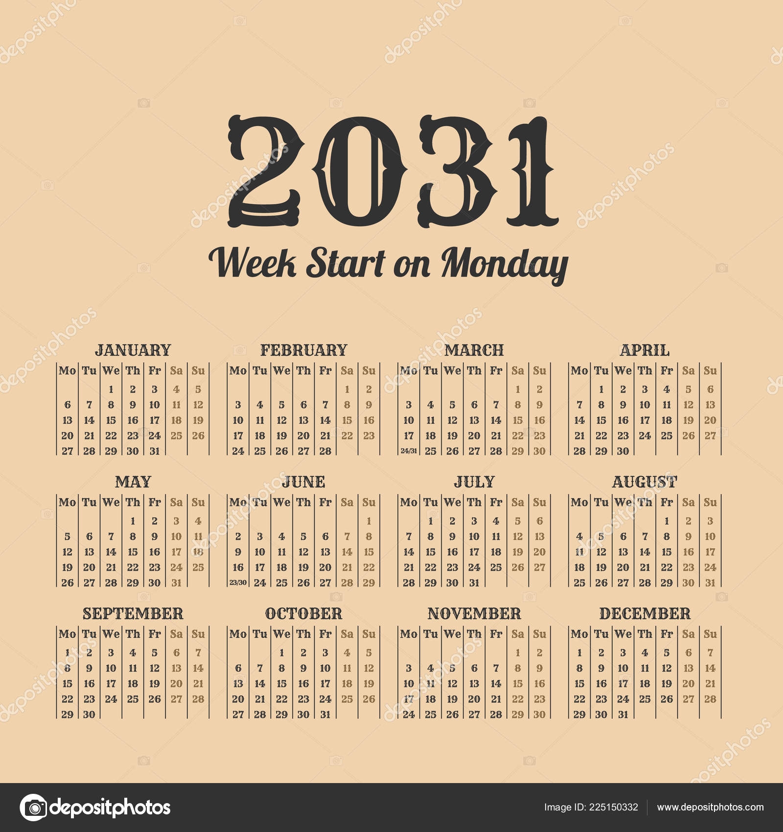 2031 Year Vintage Calendar Weeks Start On Monday Stock Vector By 123sasha 225150332