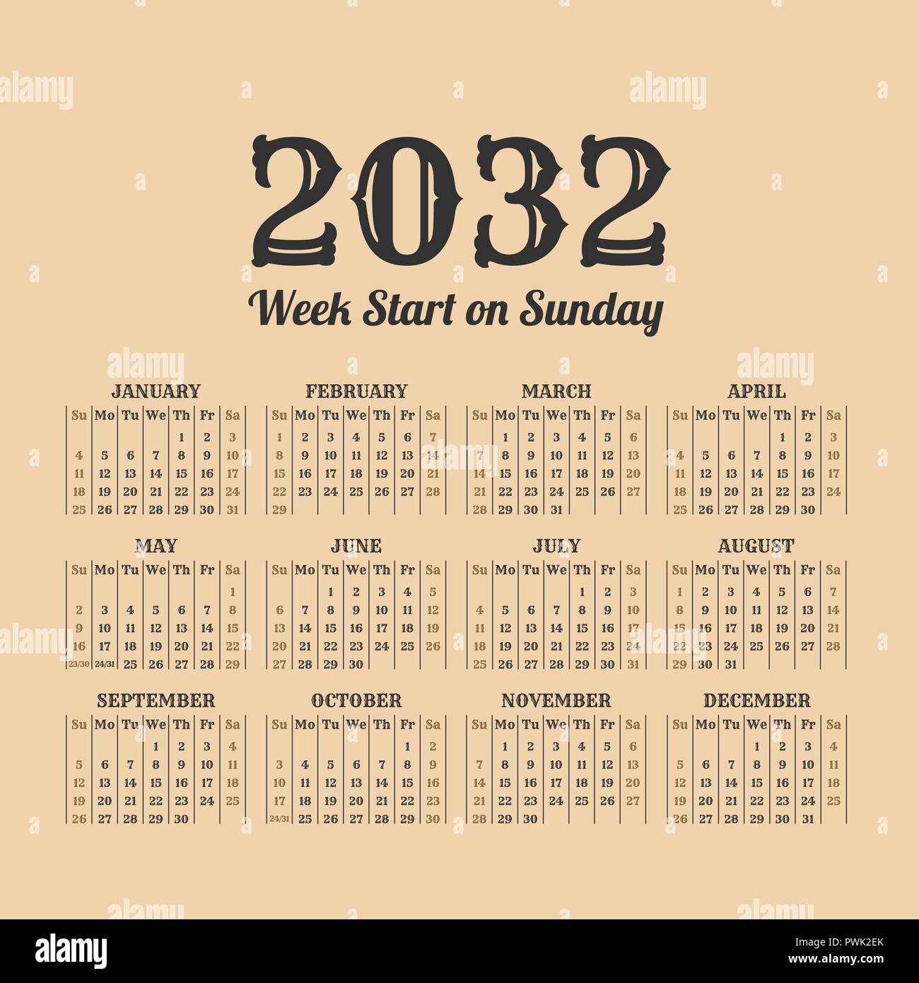 2032 Year Calendar In The Vintage Style On A Beige Background Stock Vector Image Art Alamy
