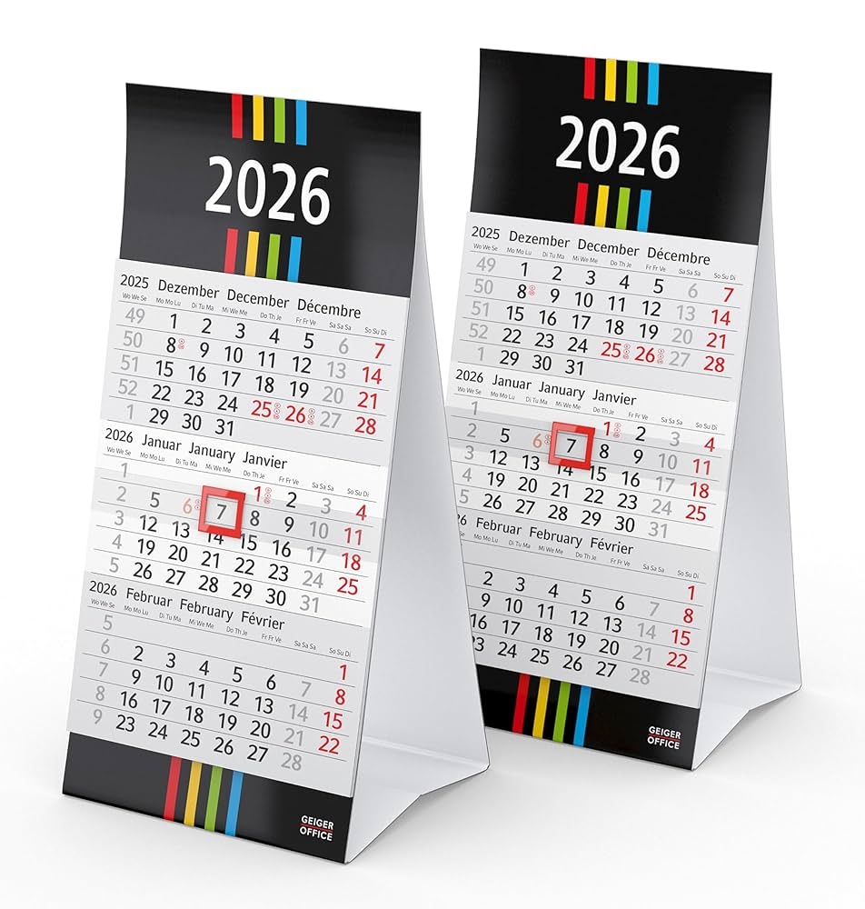 3 Monatskalender 2026 MINI 2 St ck Tischkalender 10 X 20 Cm Stabiler Kartonaufsteller Mit Ferienterminen Und Datumsschieber Made In Germany By Geiger Office Amazon de B robedarf Schreibwaren