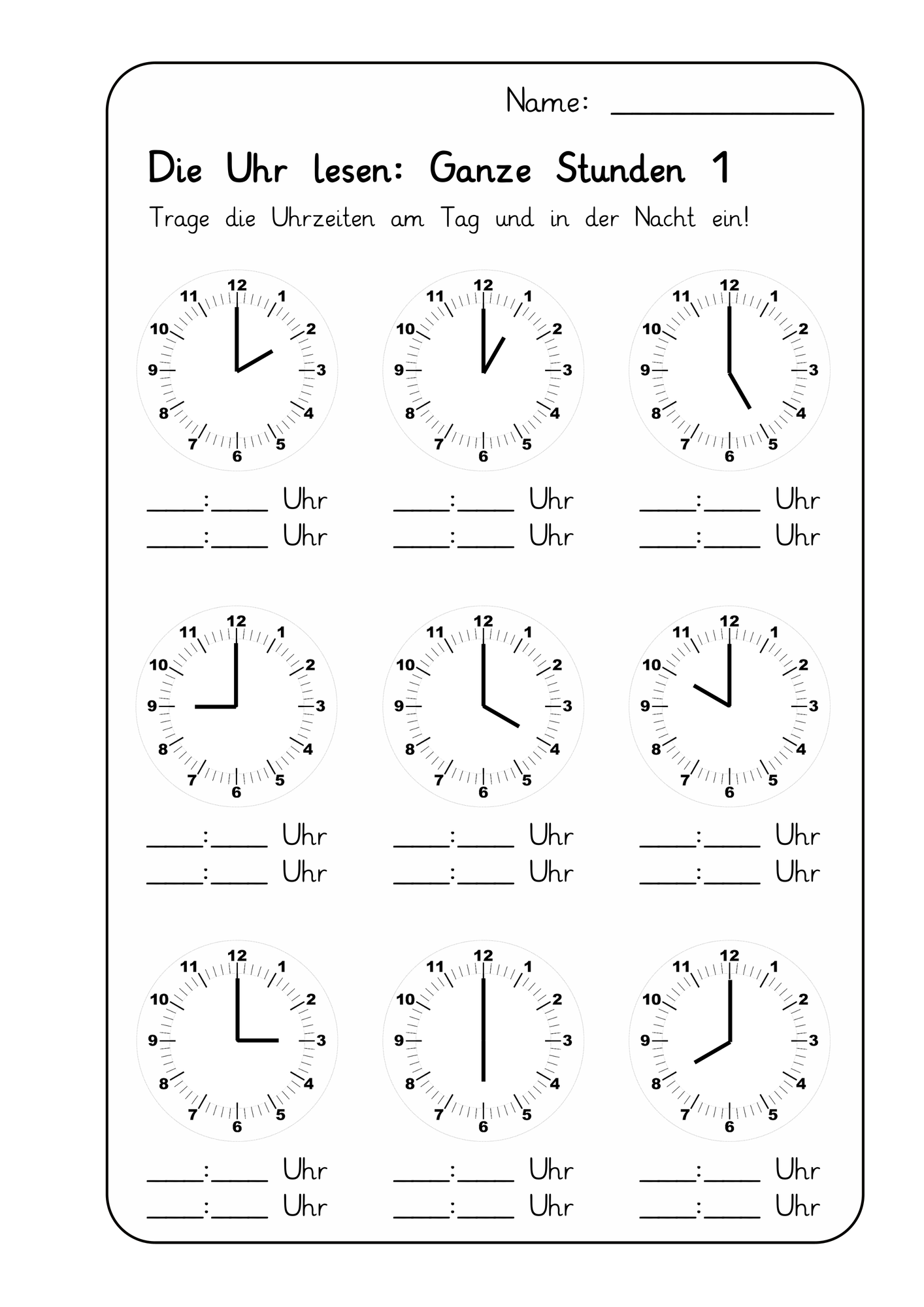 3 X Arbeitsblatt Zu Uhrzeiten Uhr Lernen ganze Stunden Mit L sungsbl ttern Unterrichtsmaterial Im Fach Mathematik