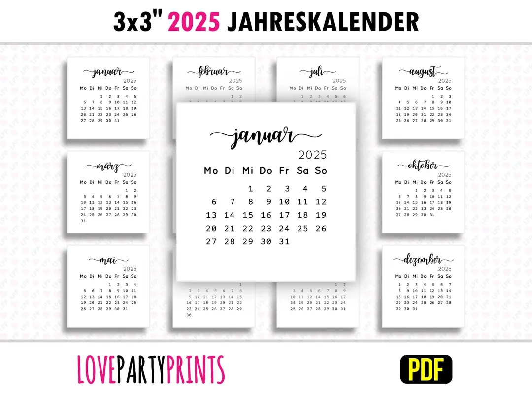 3x3 2025 Kalender J hrlich German PDF Druckbare A4 Letter Format Montag Und Sonntag Woche Start Home Minimalistischer Digital Download Etsy