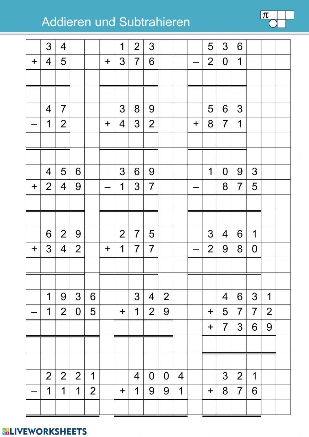 Schriftliche Addition Und Subtraktion Arbeitsblätter Word