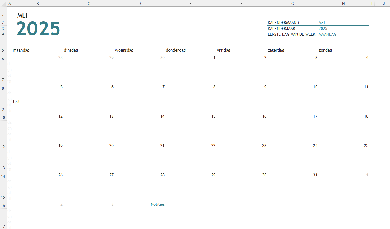 Jaar Kalender in Excel