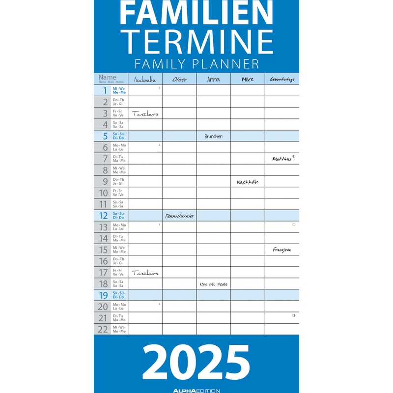 Alpha Edition Familienplaner 2025 Blau 1 Monat Seite Blau
