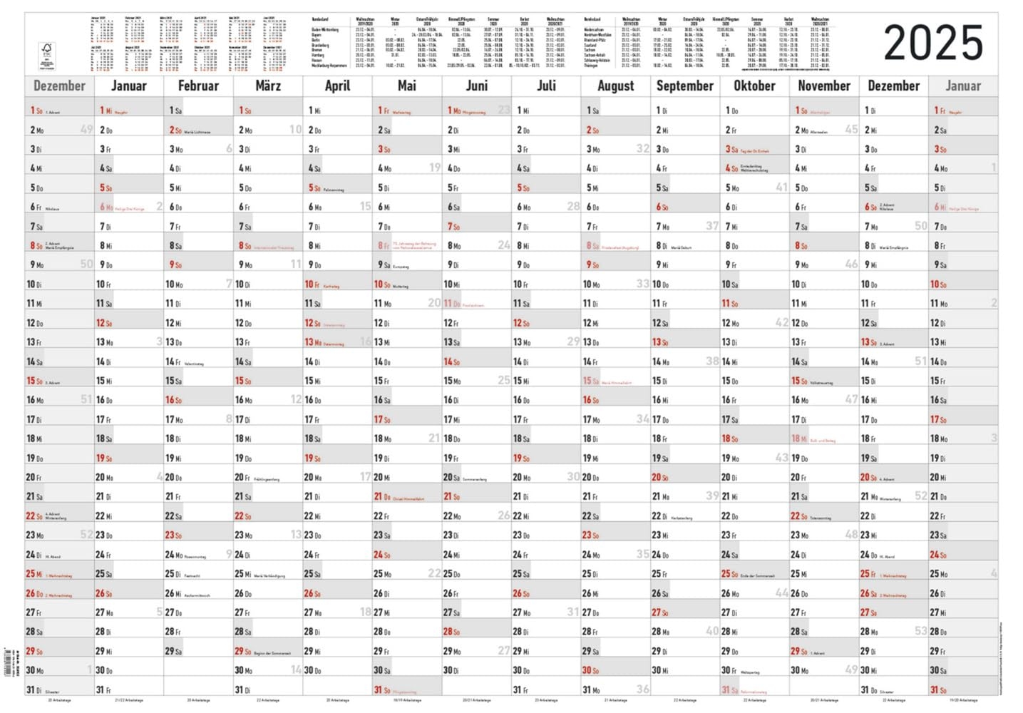 Amazon Alpha Edition Year Planner XL 2025 Poster Calendar 100 X 70 Cm Annual Calendar With 14 Month Overview Holiday Dates And German Calendar Working Day Counting Office Products
