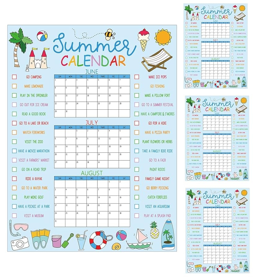 Amazon Feifeiya 4 Pcs Summer Calendar Poster June July August Planner Large Wall Editable Summer Vacation Calendar Paper Activities Family Planner Checklist Blue Office Products