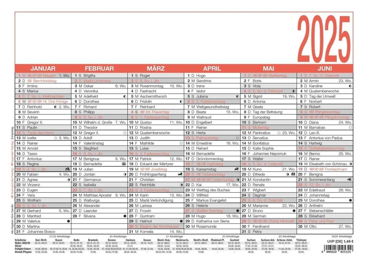 Amazon Zettler Namenstagekalender 2025 Wei rot 29 7x21cm Plakatkalender Mit Jahres bersicht 6 Monate Auf 1 Seite Namenstage Arbeitstage Tages Und Wochenz hlung Und Deutsches Kalendarium Office Products