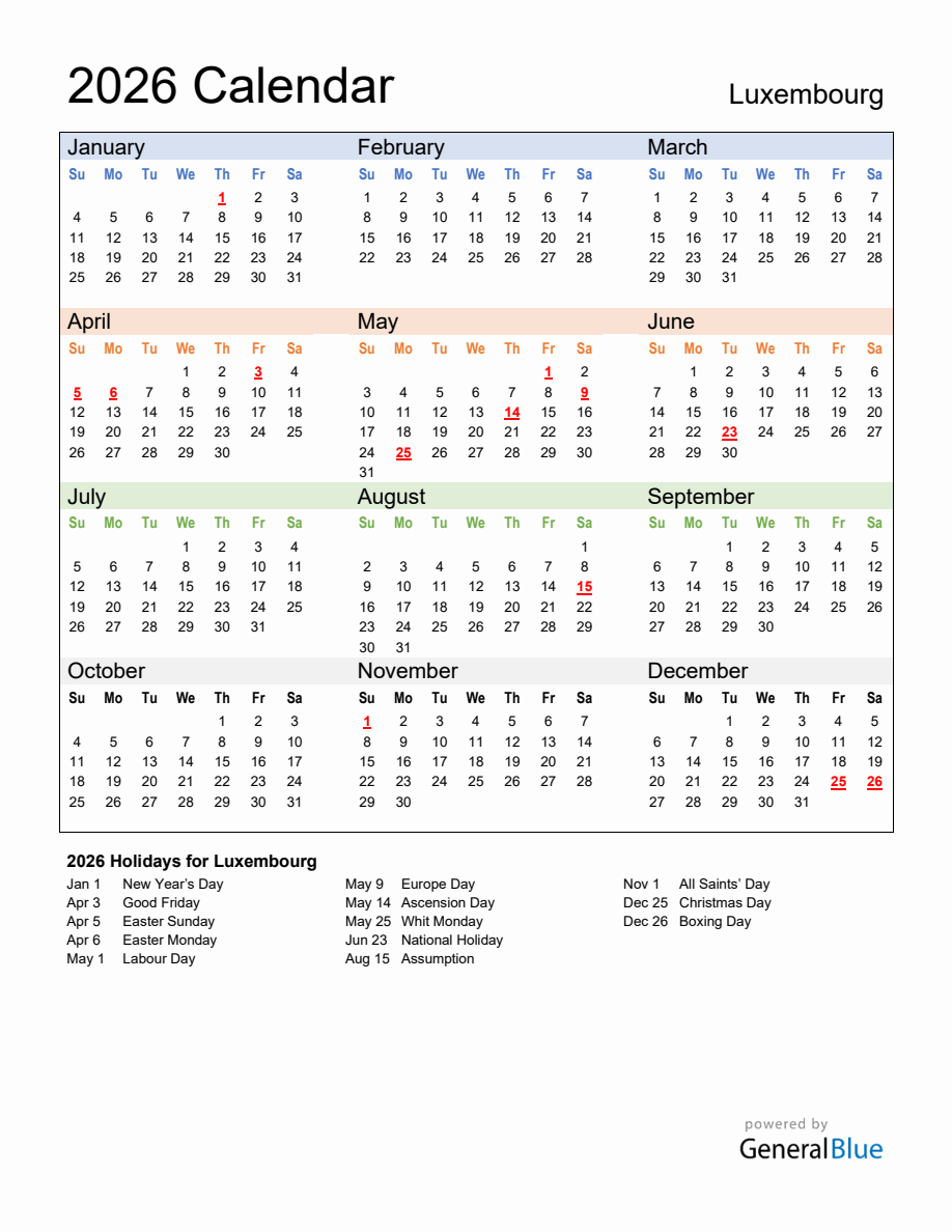 Annual Calendar 2026 With Luxembourg Holidays