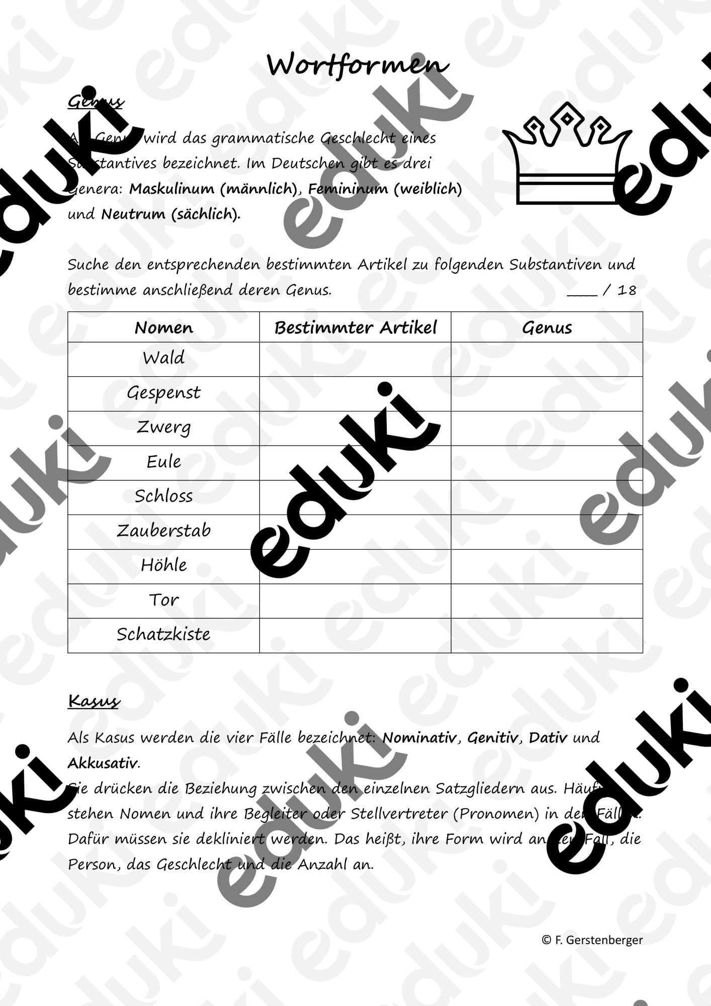 Arbeitsblatt Genus Kasus Und Numerus Klassenstufen 5 Und 6 Unterrichtsmaterial Im Fach Deutsch