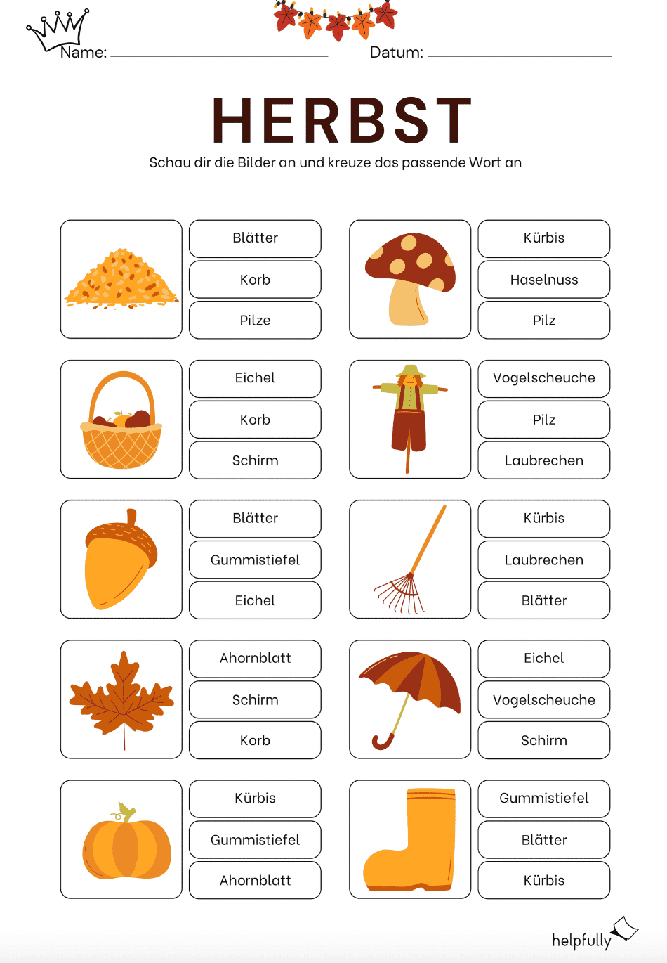 Arbeitsblatt Wort zu Bild bungen Herbst Vorlage Gratis PDF Helpfully de