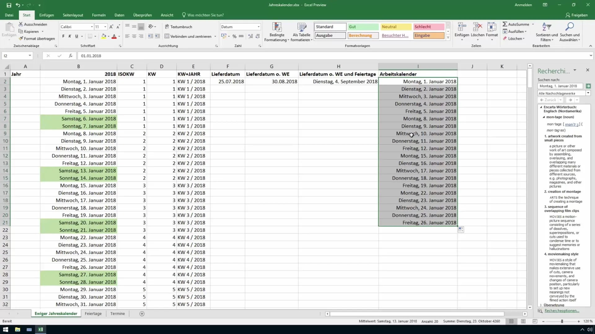 Arbeitskalender In Excel Erstellen Nur Arbeitstage