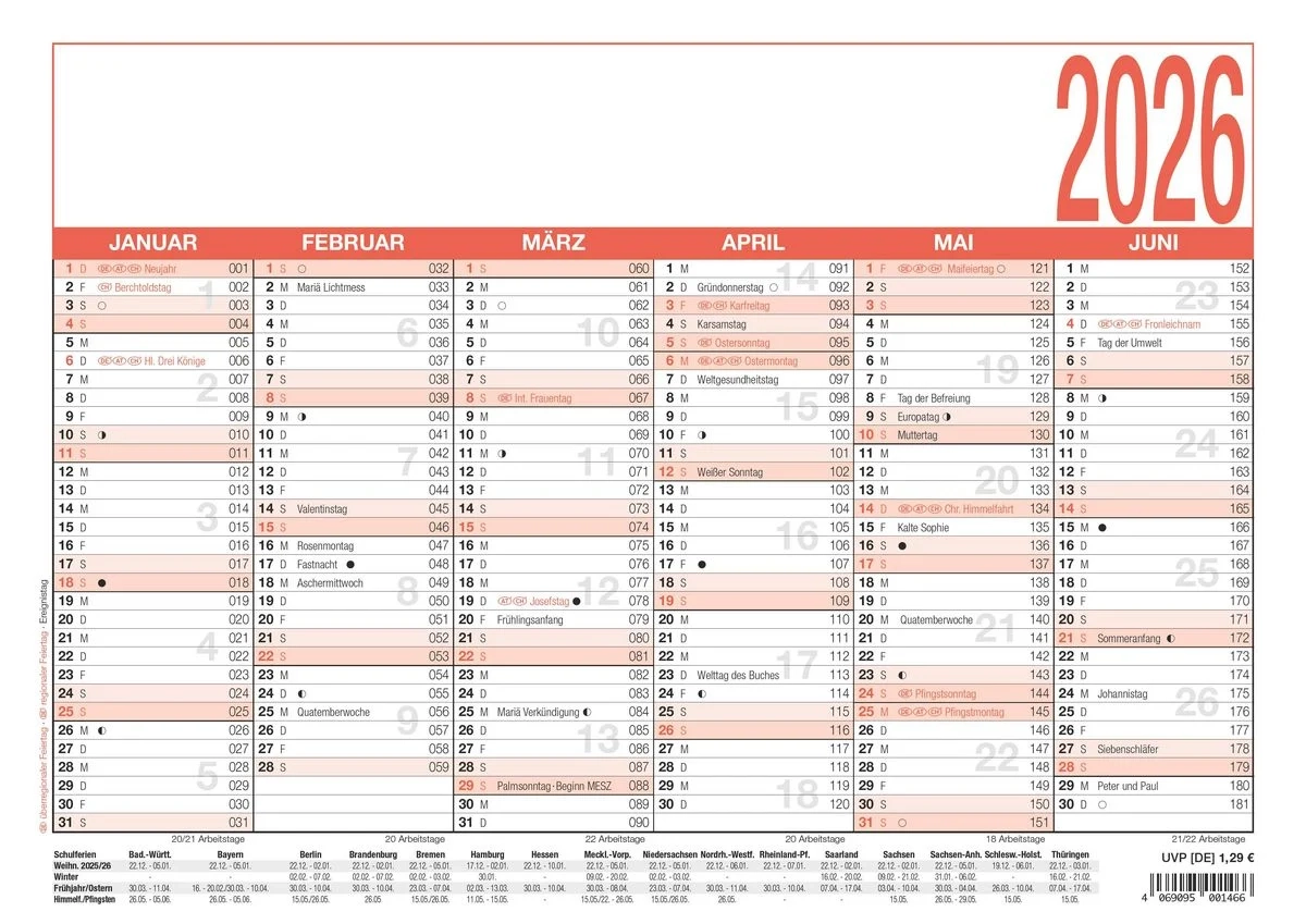 Arbeitstagekalender 2026 A4 29 7 X 21 Cm 6 Monate Auf 1 Seite Tafelkalender Plakatkalender Jahresplaner 907 0000 Kaufen
