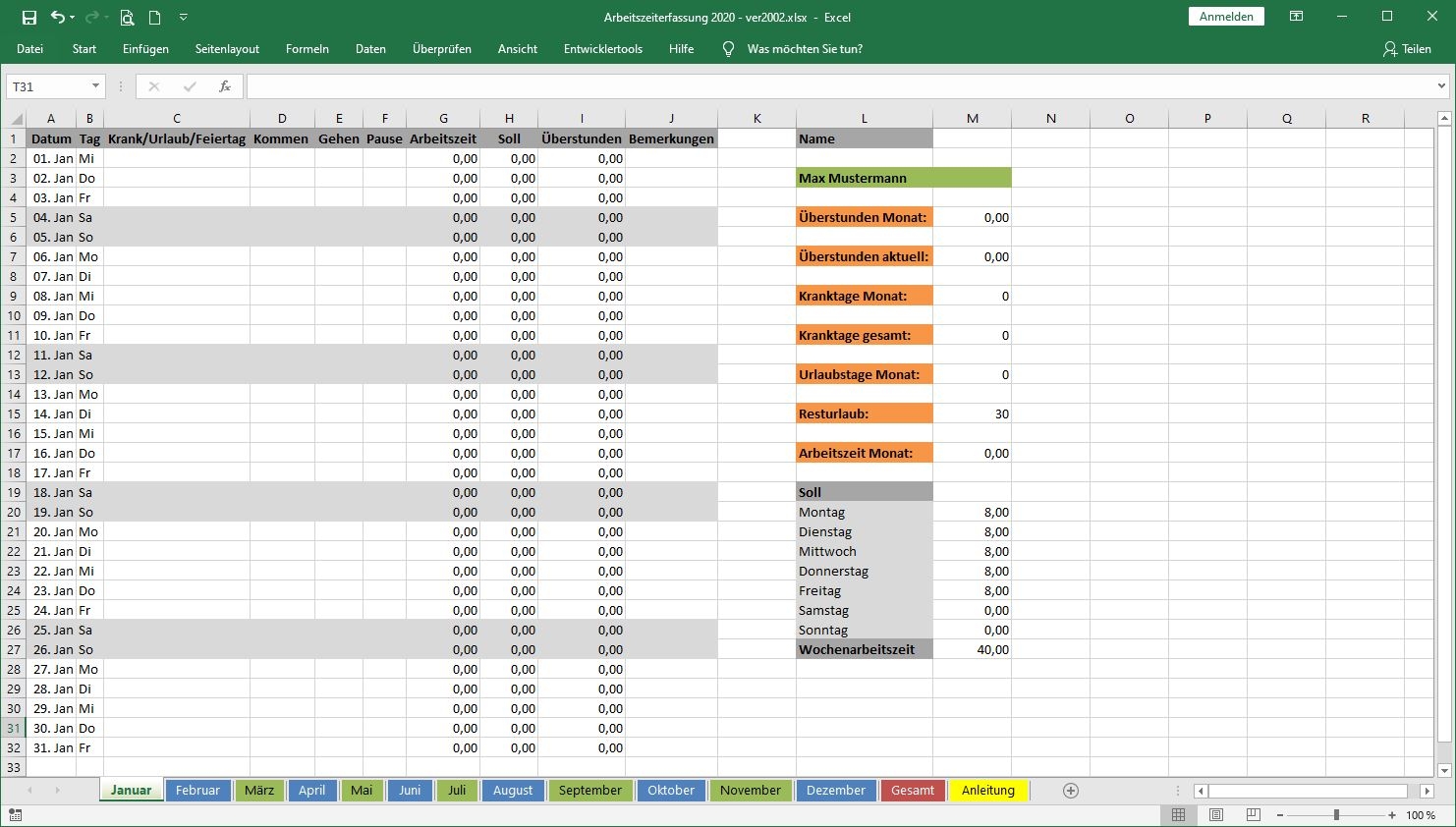 Arbeitszeiterfassung In Excel Kostenlose Vorlage Und Lizenztabelle