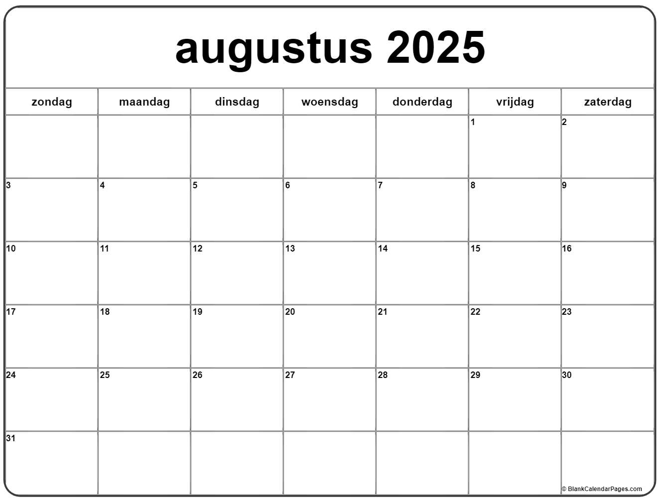 Augustus 2025 Kalender Nederlandse Kalender Augustus