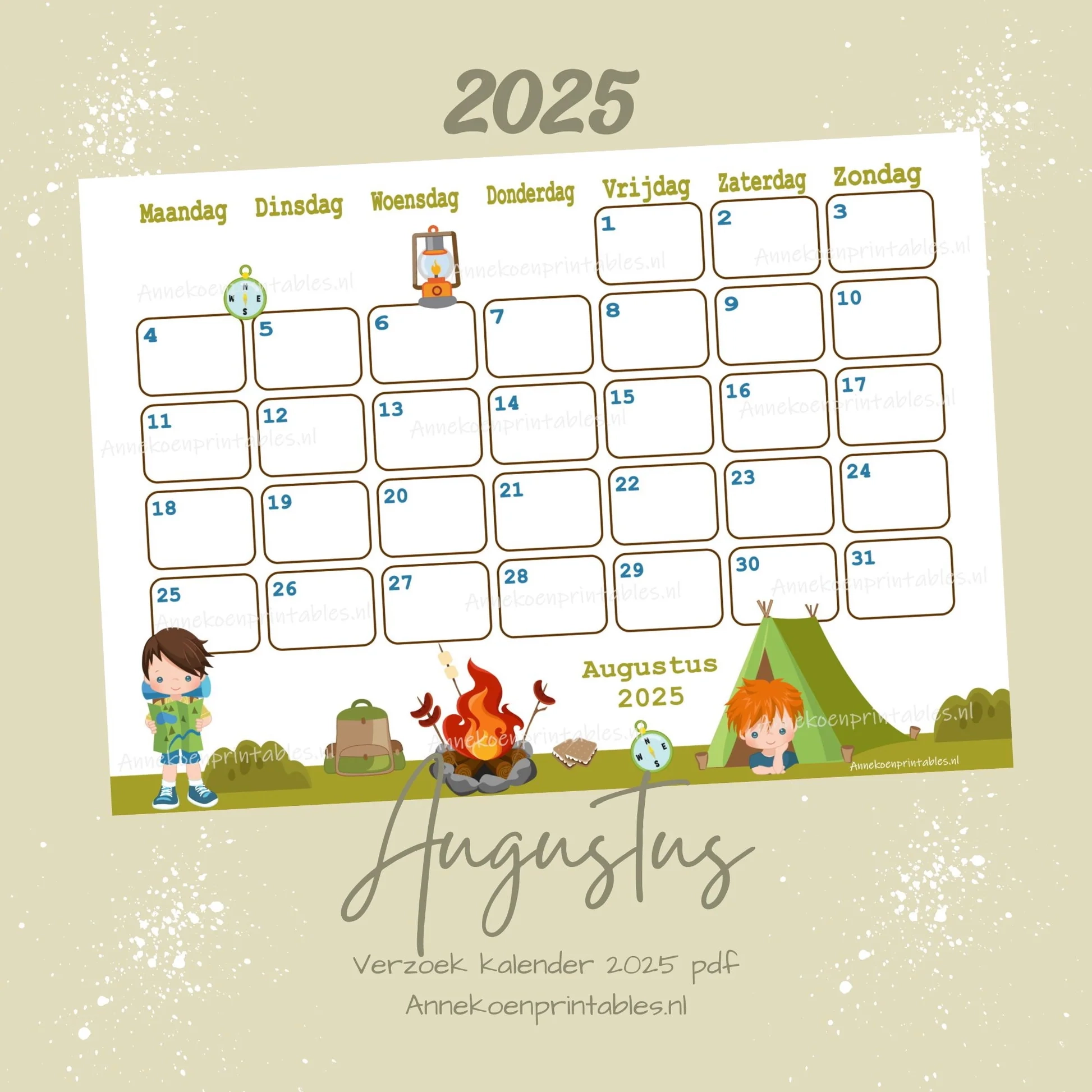 Augustus Kalender Camping Jongens Serie Verzoek 2025 Annekoenprintables