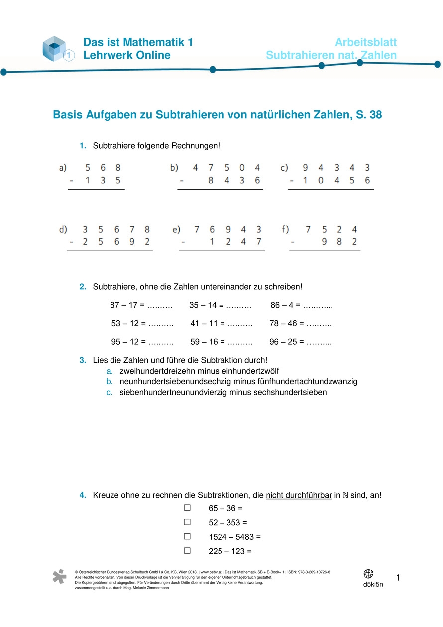  ben Subtrahieren Nat rlicher Zahlen Arbeitsblatt bv