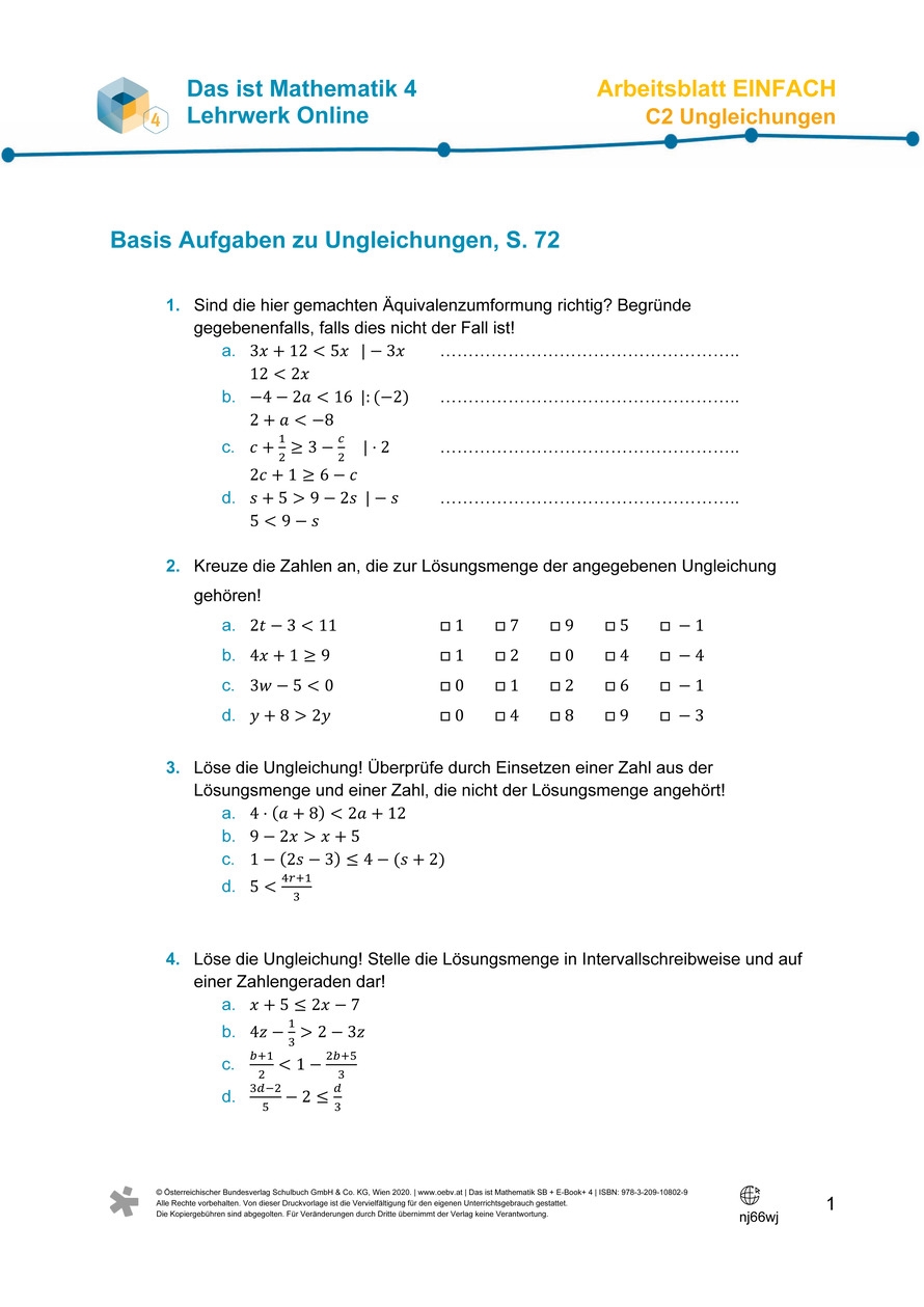  ben Ungleichungen Arbeitsblatt bv