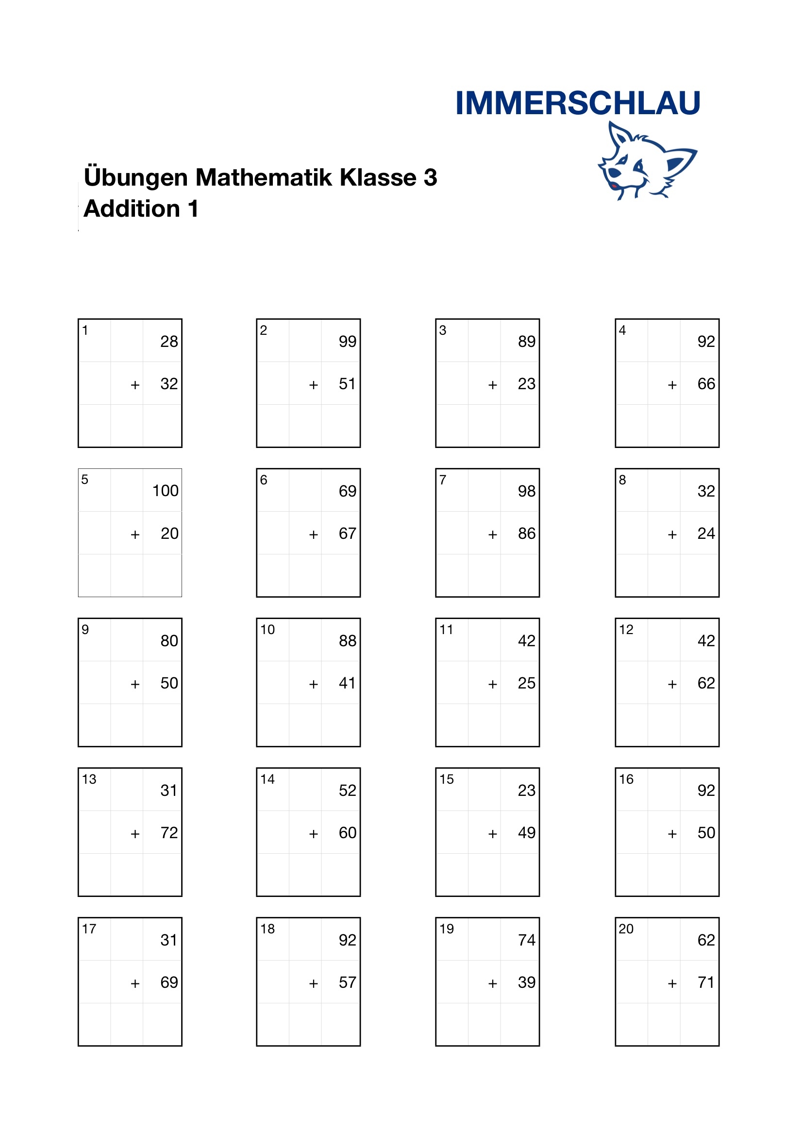  bungsbl tter Mathematik Klasse 3 Addition IMMERSCHLAU