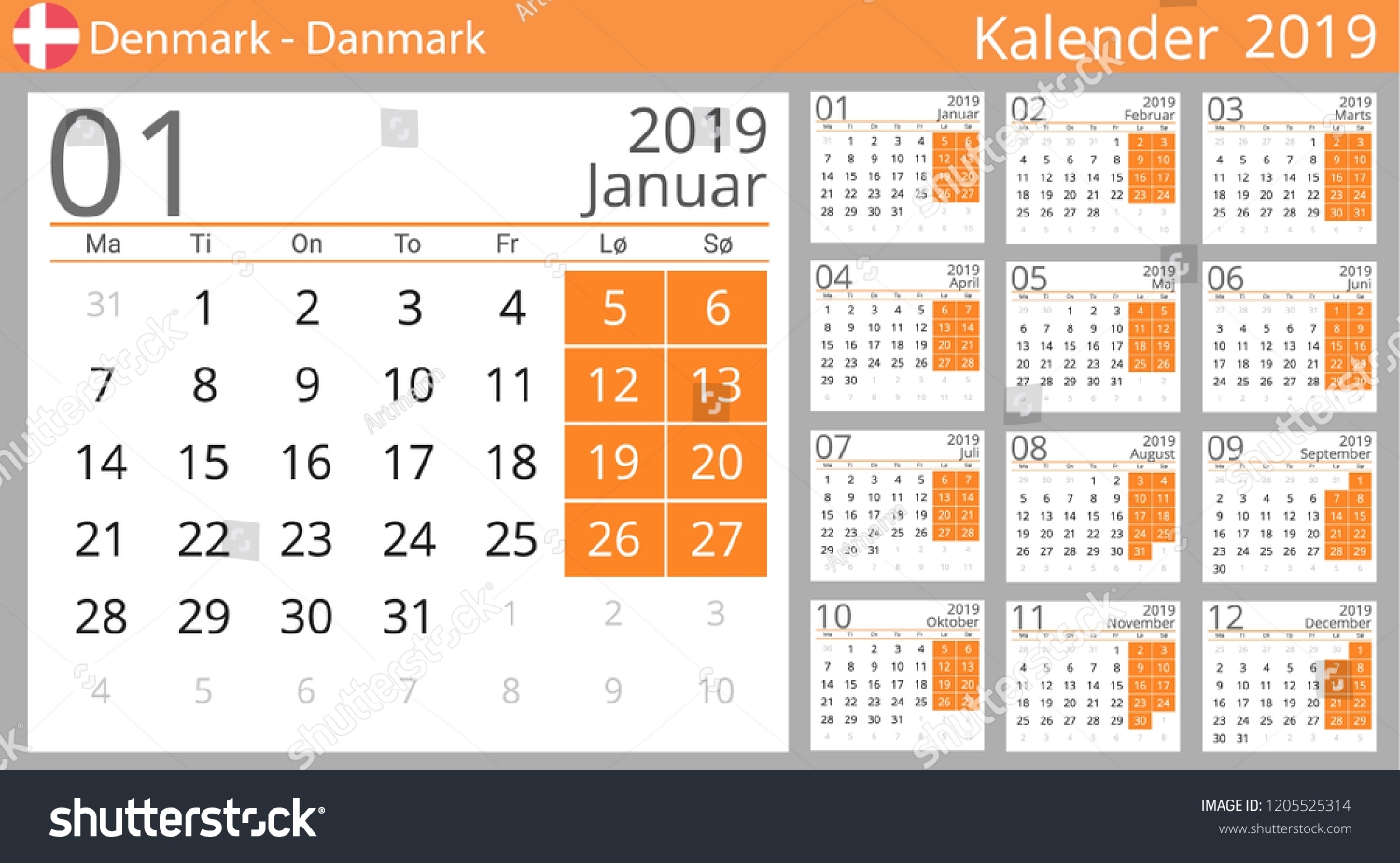 Calendar 2019 Year Denmark Country Danish Stock Vector Royalty Free 1205525314 Shutterstock