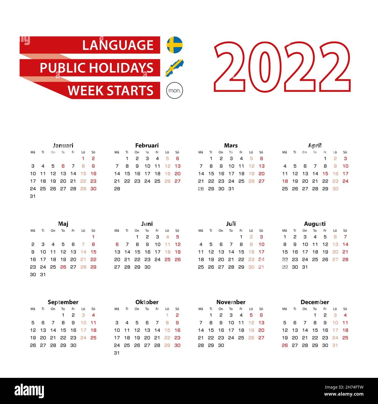 Calendar 2022 In Swedish Language Week Starts On Monday Vector Calendar 2022 Year Stock Vector Image Art Alamy